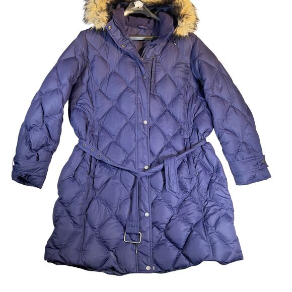 Lands' End Down Puffer Coat 2X 20W-22W Purple High Full-Zip Collar Detach Hood - Picture 1 of 16